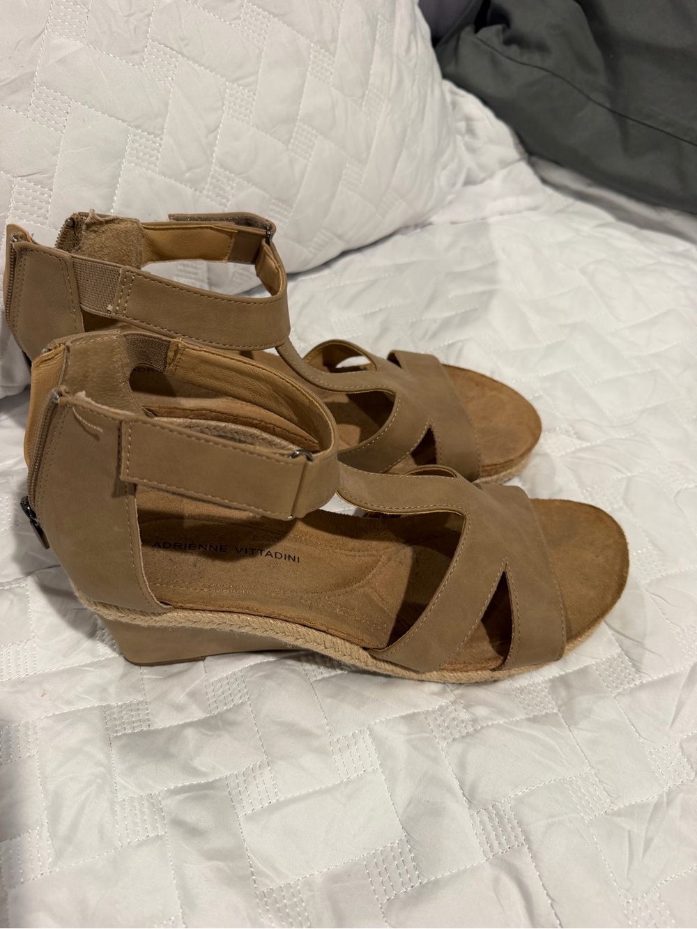 Adrienne Vittadini Taupe Strap Wedge Sandals